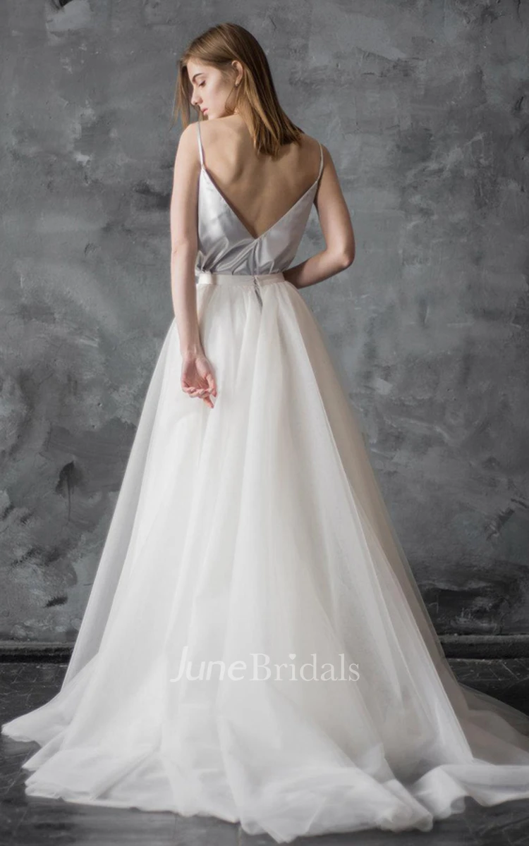 Spaghetti-Strap A-Line Dress With Tulle Skirt And Deep-V Back