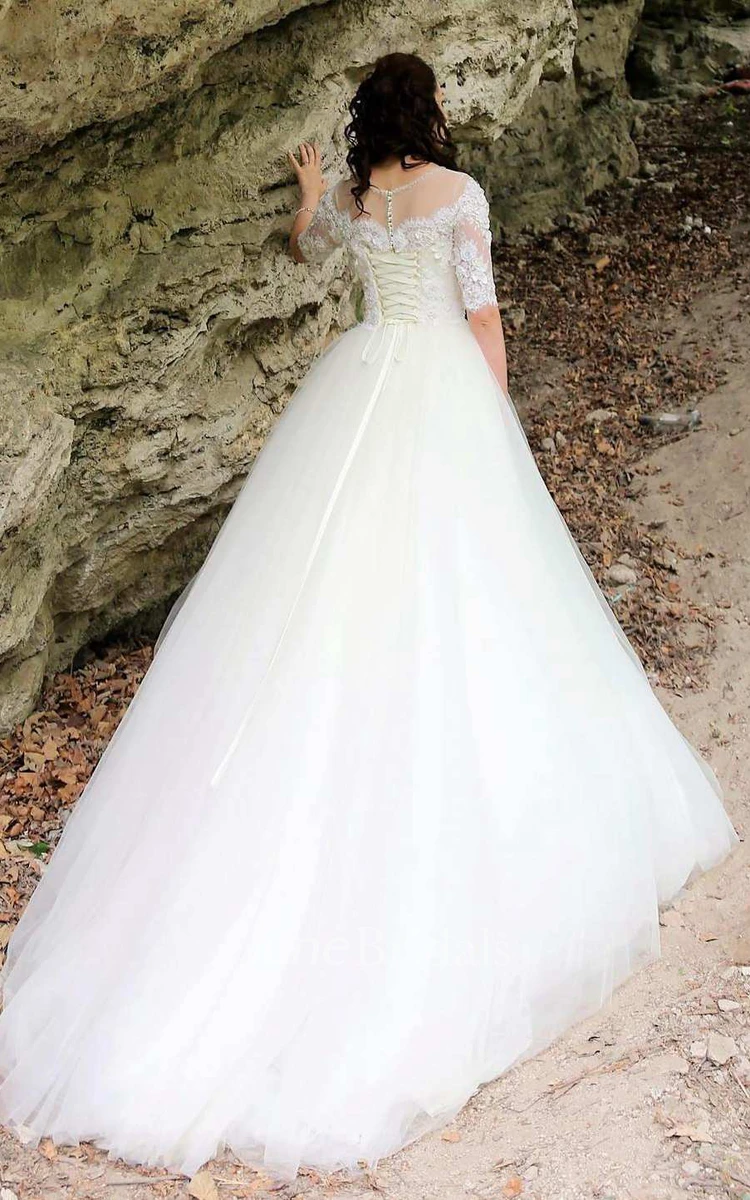 Bateau Illusion Half Sleeve Tulle A-Line Ball Gown Wedding Dress With Appliques