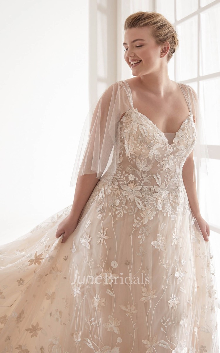 Lace Luxury Sexy V neck Plus Size Wedding Dress With Illusion Tulle Sleeves And Chapel Train