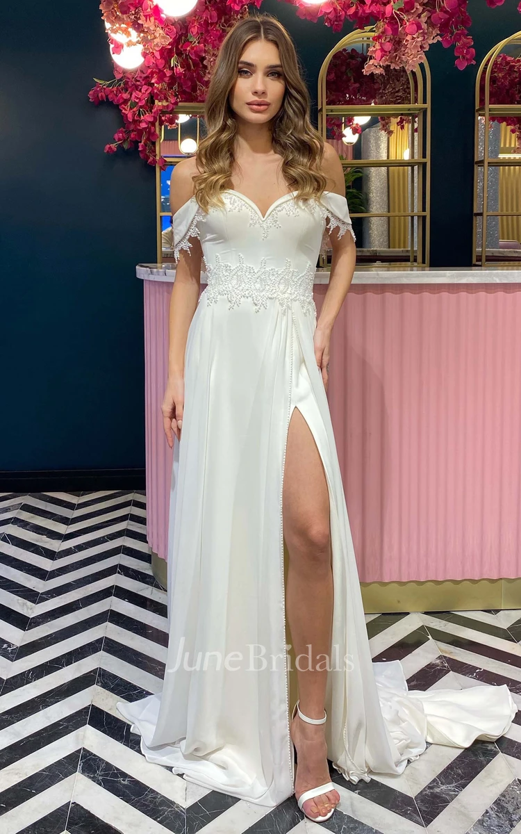 Luxury Sheath Chiffon Off-the-shoulder Sleeveless Wedding Dress With Split Front