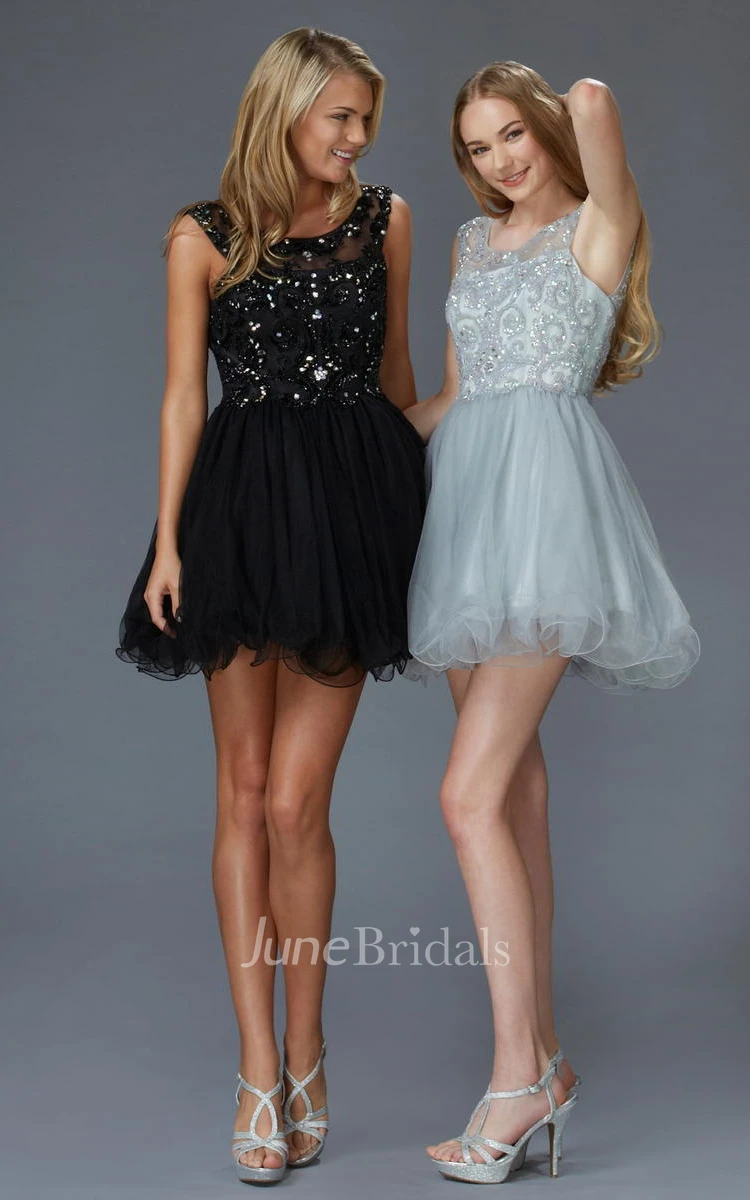 A-Line Mini Bateau Sleeveless Tulle Low-V Back Dress With Sequins And Beading