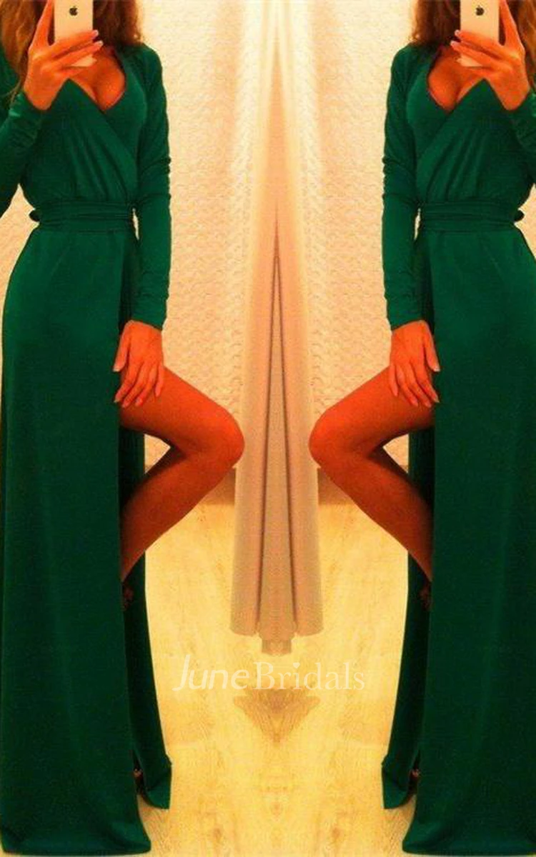 Elegant Long Sleeve Green Prom Dress Long Front Split Party Gowns