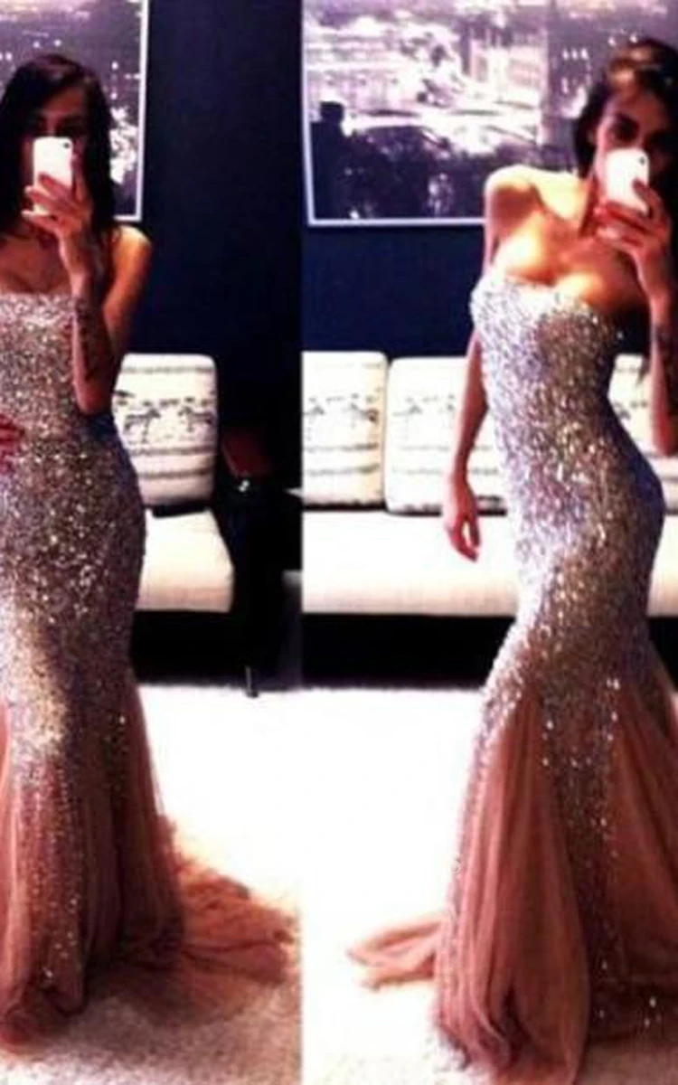 Champagne New Gorgeous Mermaid Strapless Prom Dresses Sleeveless Beadings Evening Gowns With Ruffles