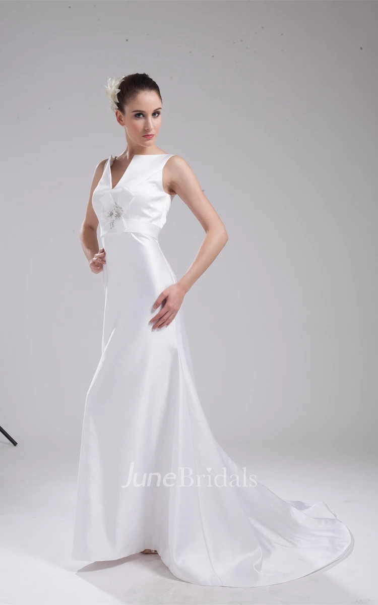 Notched Sleeveless Satin Maxi Dress with Beading and Bow