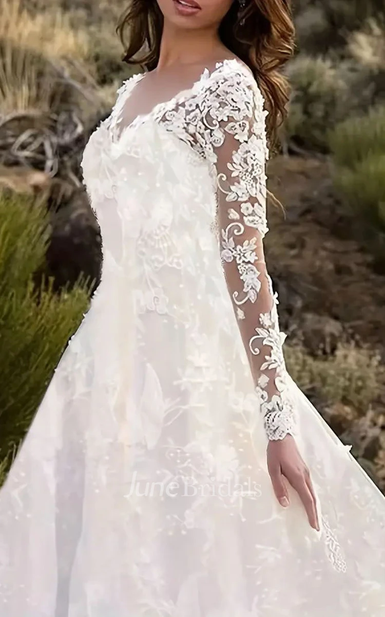 A-Line Ball Gown Lace Long Sleeve Wedding Dress Country Garden V-neck Sexy Elegant Romantic