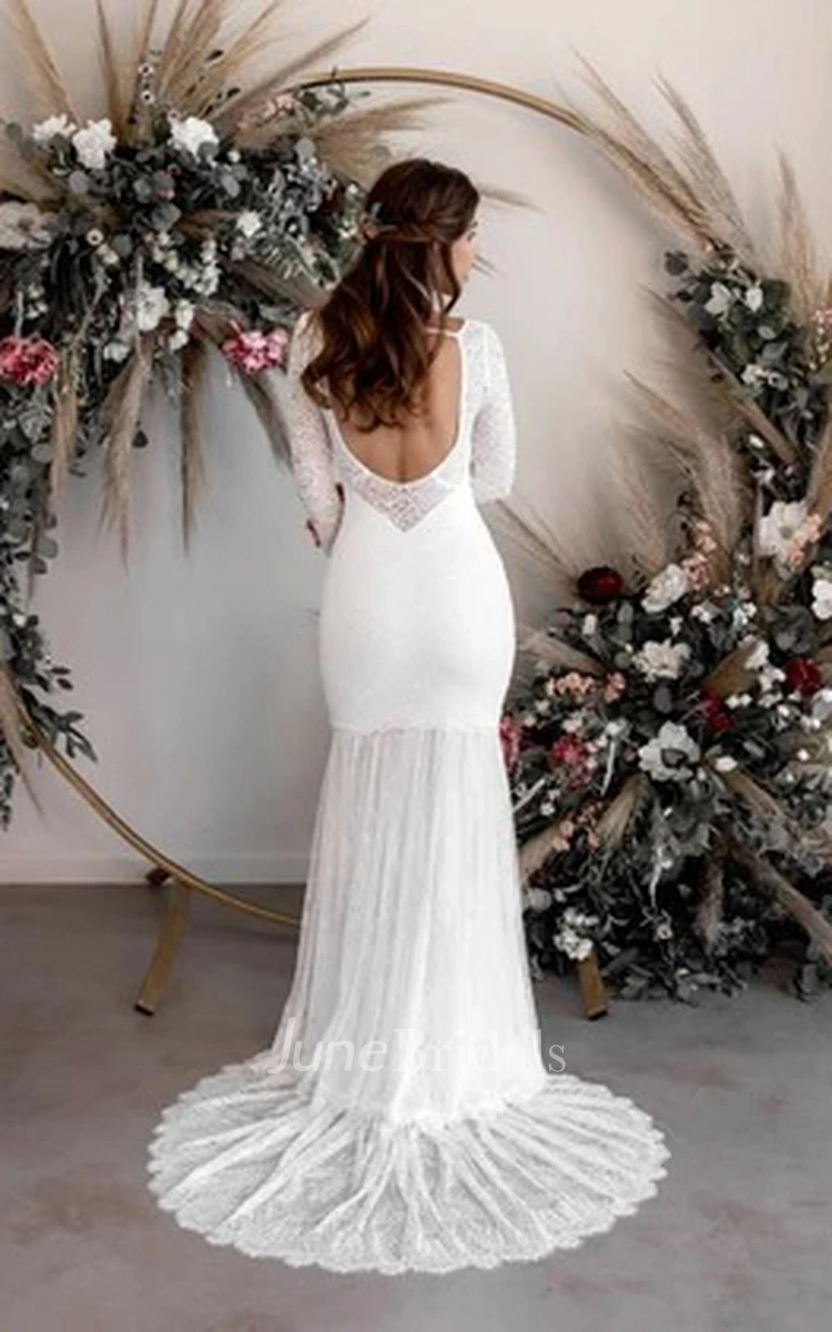 Sexy Sheath V-neck Long Sleeves Pleat Wedding Dress with Sweep Train