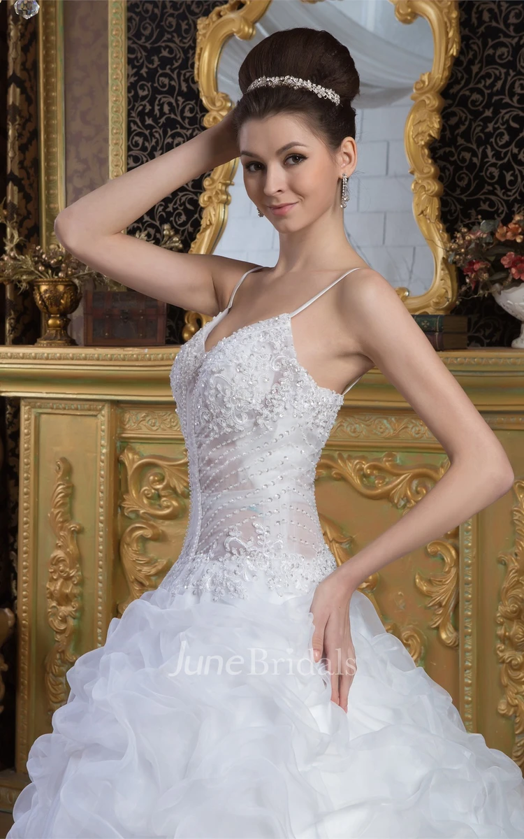 Spaghetti-Strap Pick-Up Ball Gown with Lace and Illusion Top