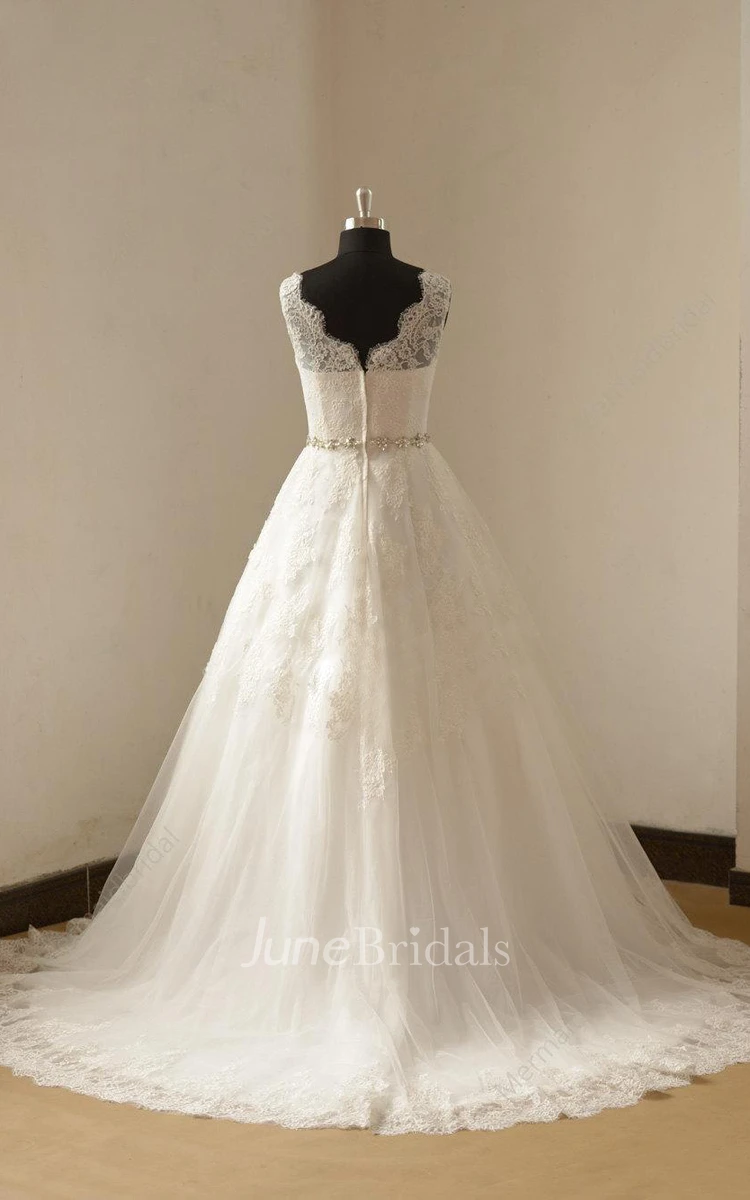 Long A-Line Sleeveless Lace Wedding Dress With Beads Sash and Train