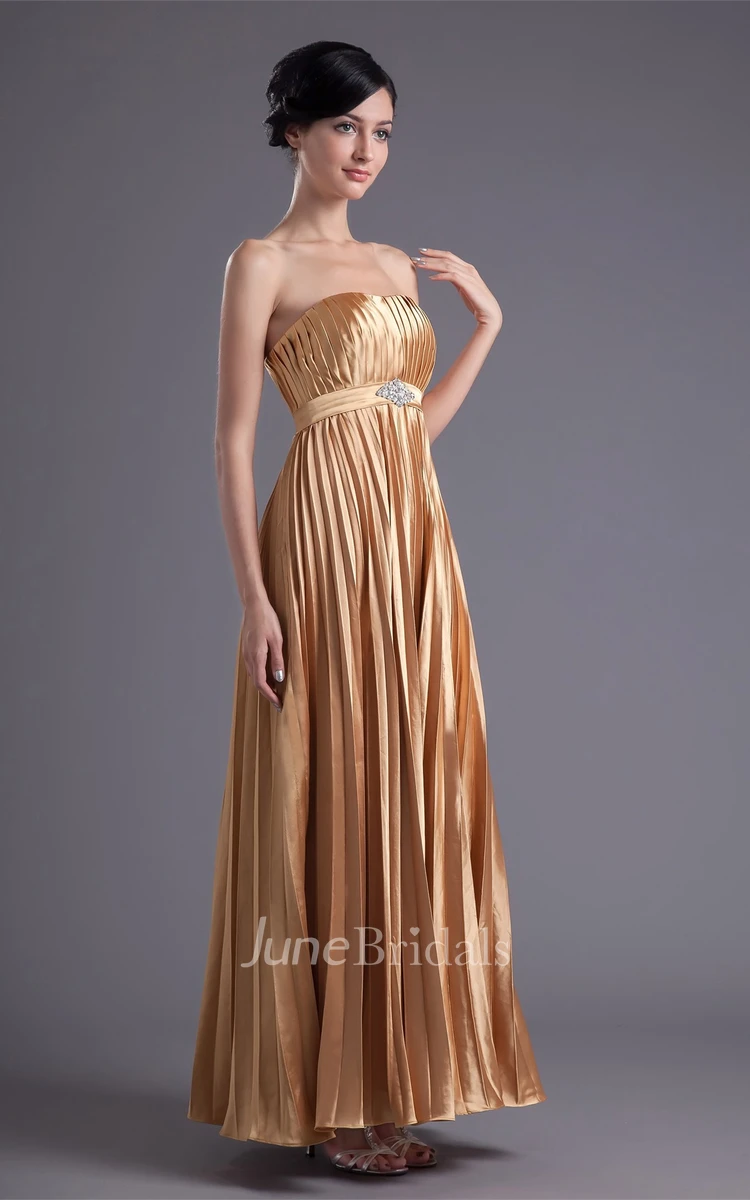 Strapless Pleated Ankle-Length Dress with Broach