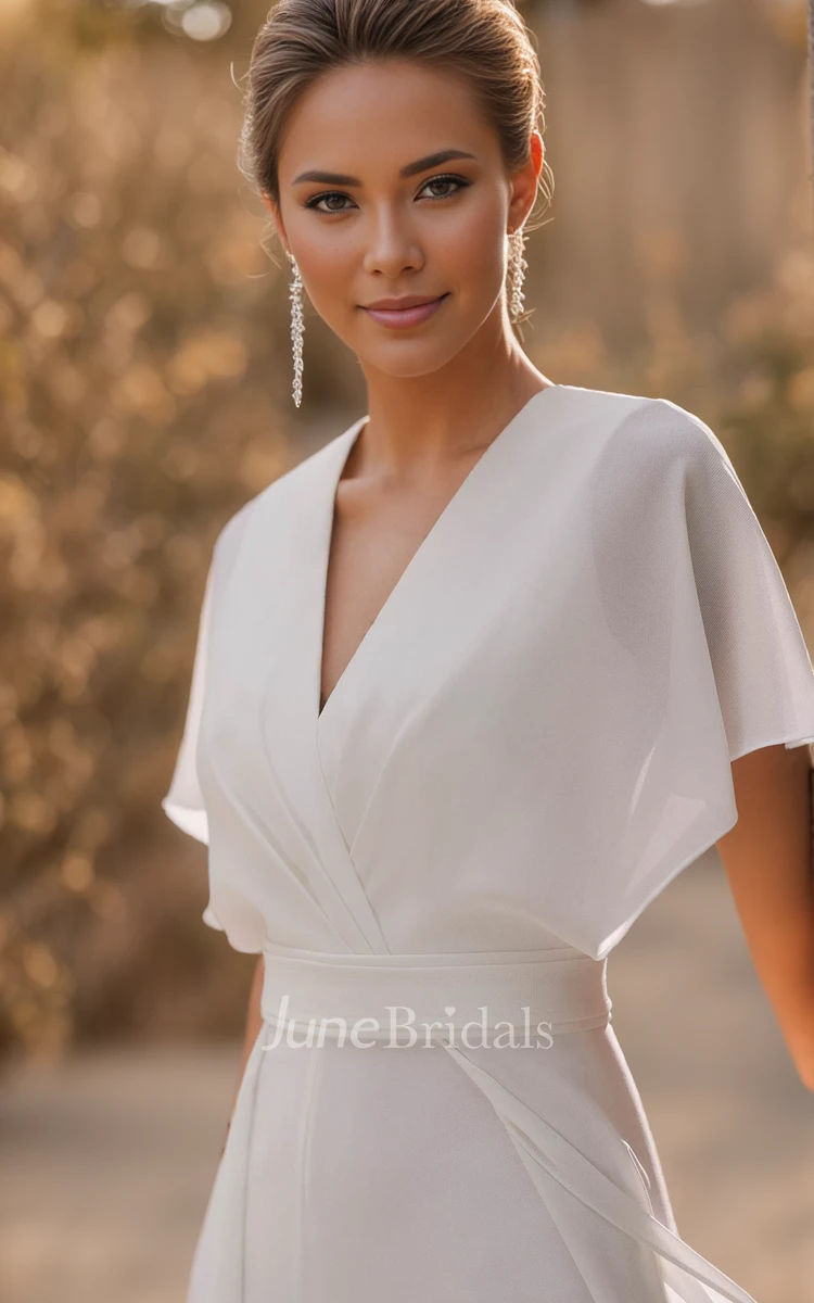 Modern Simple Sheath Jumpsuit Love Conquers All Wedding Dress Modest V-Neck Short Sleeve Closed Back Sweep Train Courthouse Bridal Gown