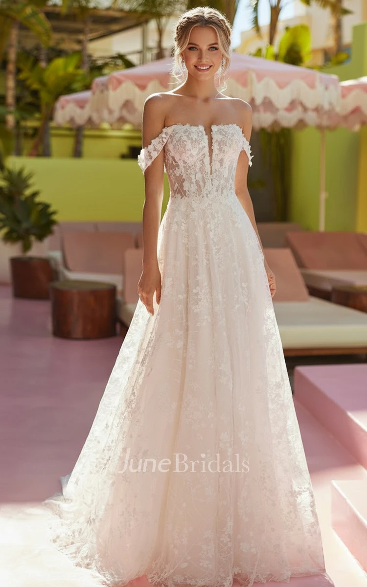 Boho Lace Wedding Dress Off Shoulder A Line Illusion Bodice Floral Lace Bridal Gown