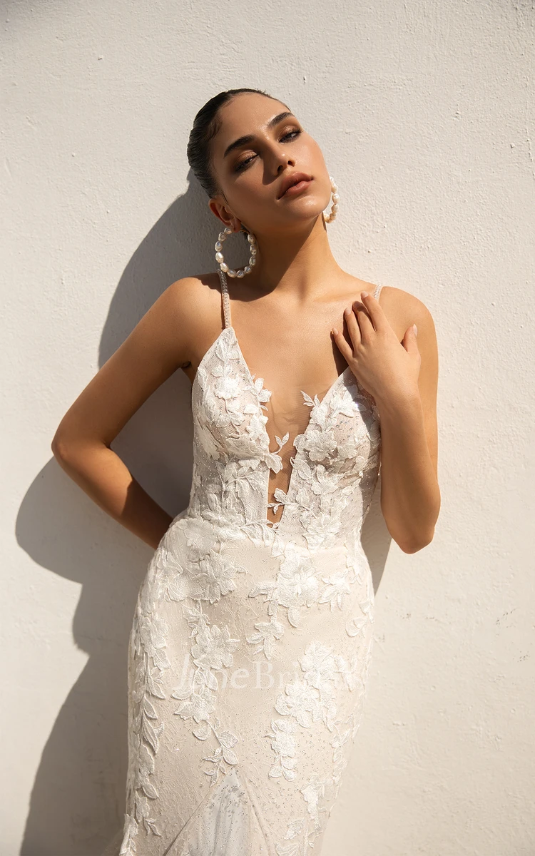 Trumpet Plunging Neckline Lace Ethereal Fairy Wedding Dress with Chapel Train Backless