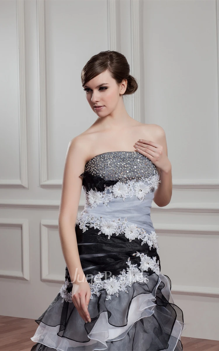 Black-And-White Tiered A-Line Gown with Flower and Rhinestone