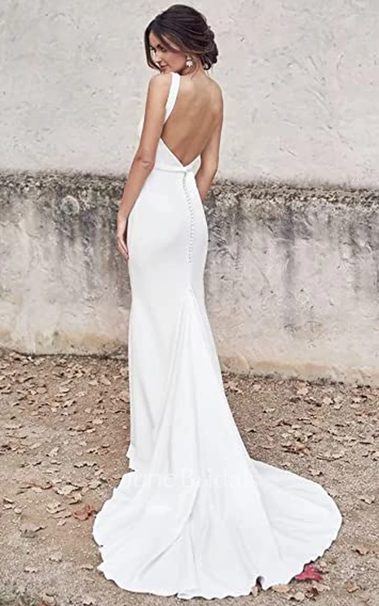 Satin Mermaid V-neck Wedding Dress Simple Sexy Romantic Summer Adorable Country With Open Back And Sleevesless 