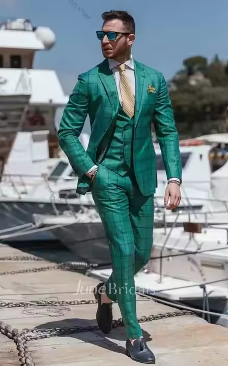 Contemporary Trendy Green 3 Pieces Groom Men's Tuxedo Slim Fit Peak Lapel Wedding Suit Blazer Jacket Vest Pants