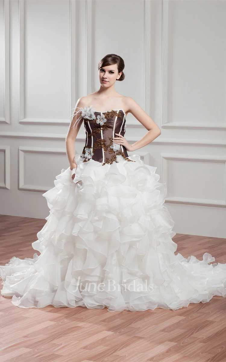 Strapless Appliqued Ball Gown with Flower and Cascading Ruffles