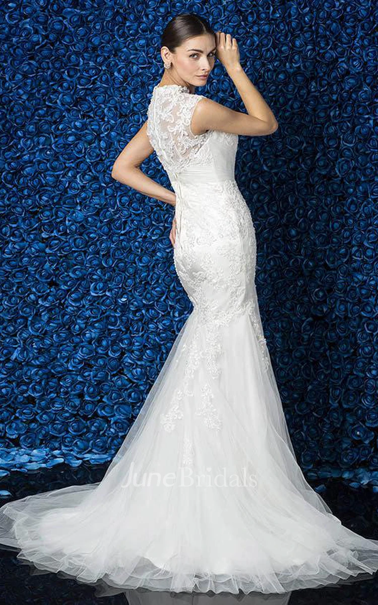 Elegant High-Neck Cap Sleeve Mermaid Lace and Tulle Wedding Dress
