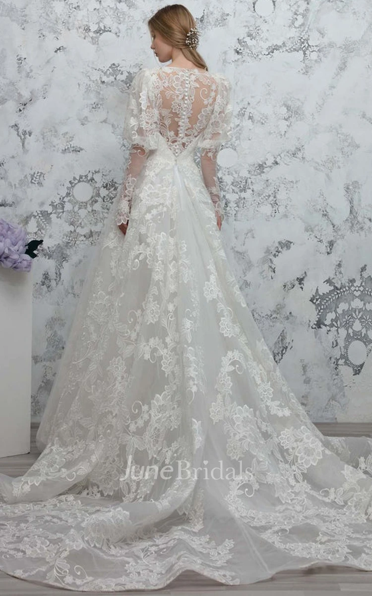 Ethereal Plunging Neckline Long Sleeve Sweep Train Ball Gown Wedding Dress With Appliques