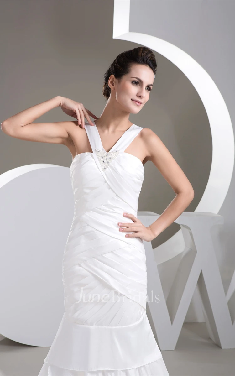 Sleeveless Column Gown with Broach and Ruched Bodice