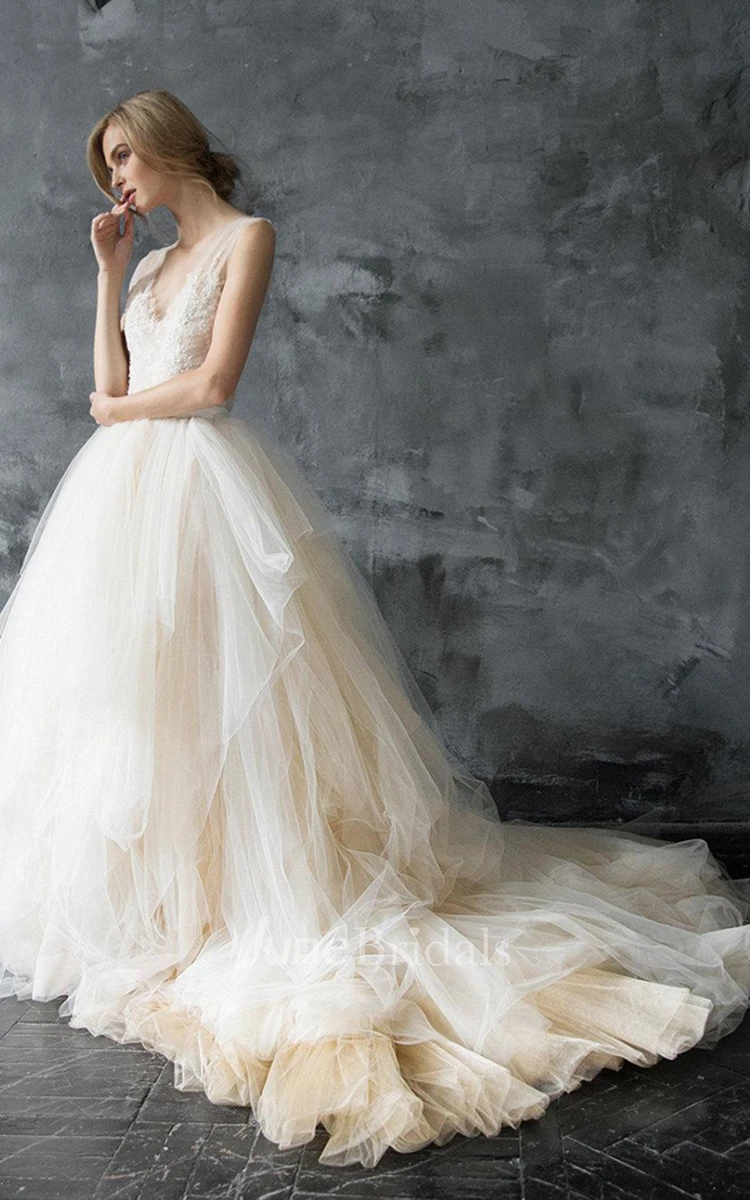 Plunged Sleeveless A-Line Tulle Ball Gown With Lace And Court Train