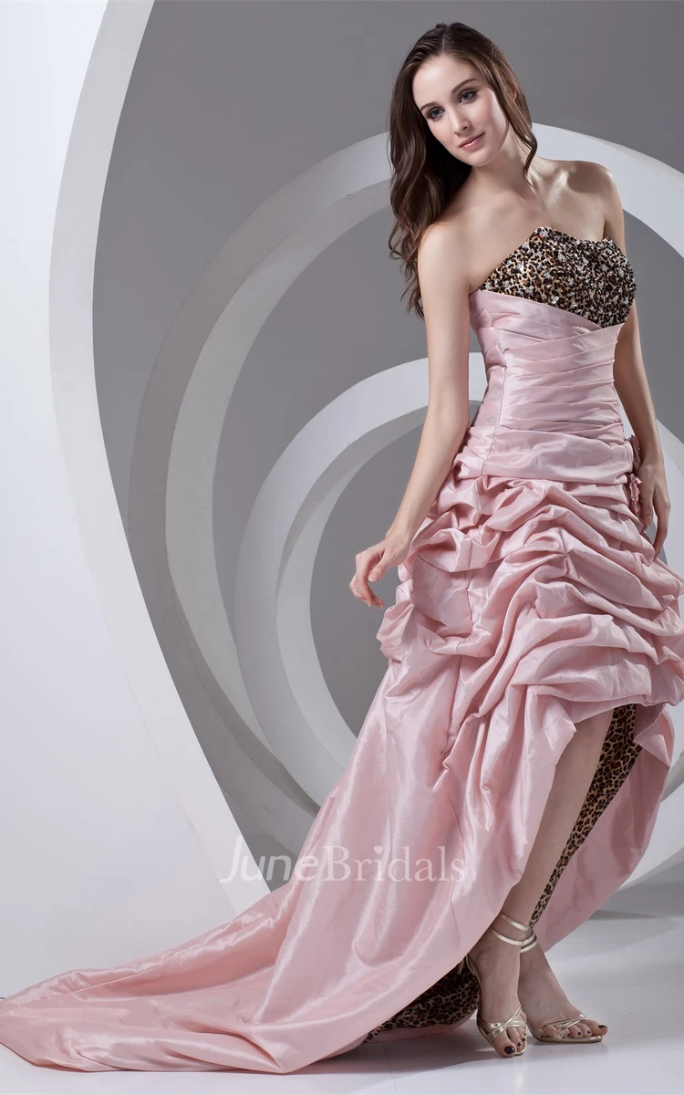 strapless high-low leopard gown with pick-up design and flower