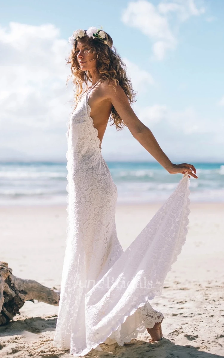 Summer Beach Mermaid Boho Lace Elopement Wedding Dress Sexy Floral Halter Plunging Neckline Backless Bridal Gown with Train