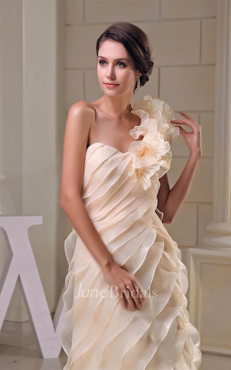 Flowered One-Shoulder A-Line Gown with Ruffles and Zipper Back