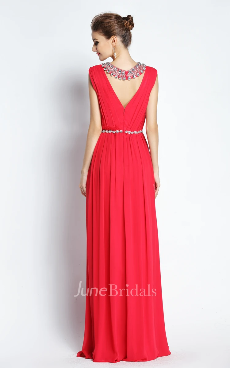 A-Line Jewel Sleeveless Floor-length Chiffon Prom Dress with Beading and Low-V Back