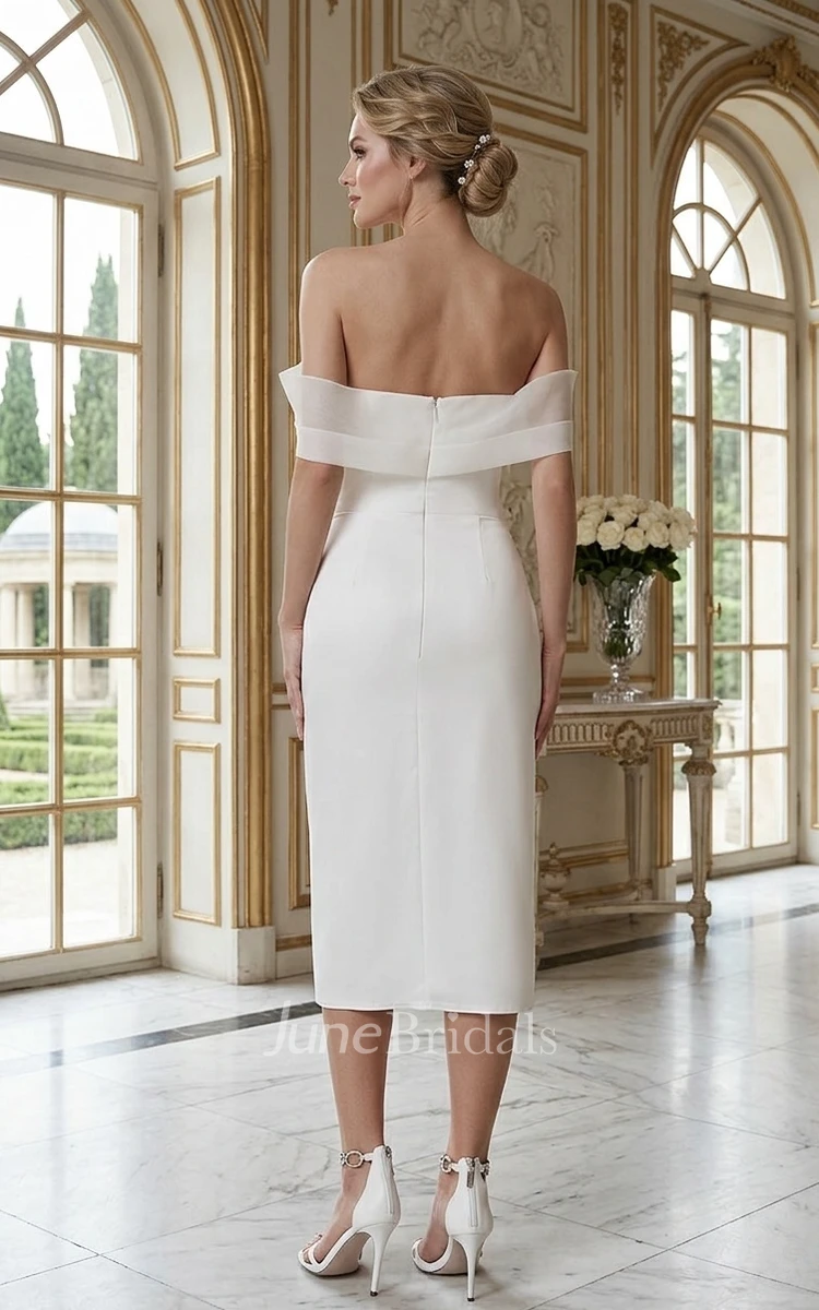 Modern Minimalist Off-the-Shoulder Midi Wedding Dress Civil Bridal Gown with Slit and Sweetheart Neckline