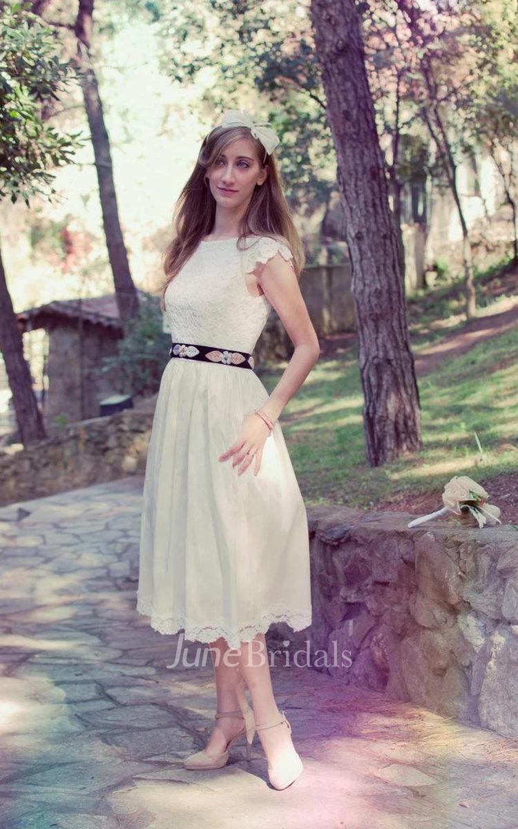 Jewel Short Sleeve Tea-Length Lace Wedding Dress With Sash And Flower