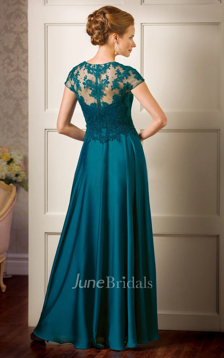 Appliqued Illusion Back Long Cap-Sleeved Mother Of The Bride