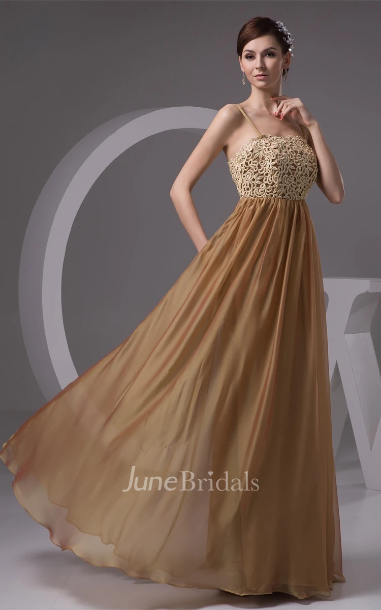 Spaghetti-Strap Floor-Length Gown with Pleats and Lace