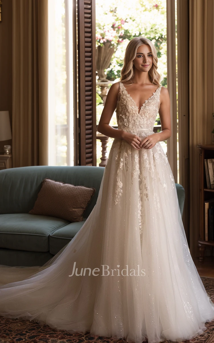 Spaghetti Straps Appiques V-neck Tulle Princess Wedding Dress Spaghetti Straps Appiques V-neck Tulle Princess Wedding Dress