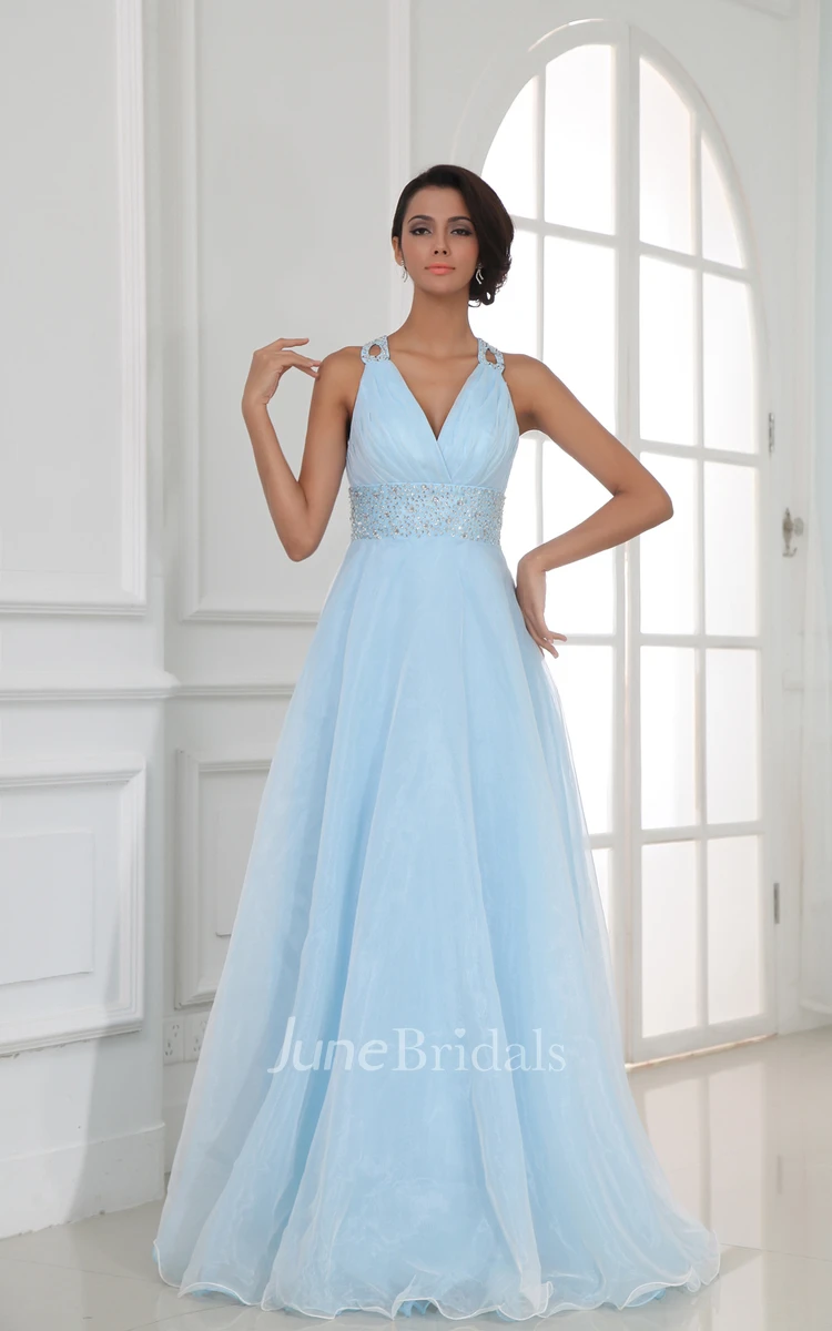 Halter Floor-Length V-Neck A-Line Gown With Sequined Waist