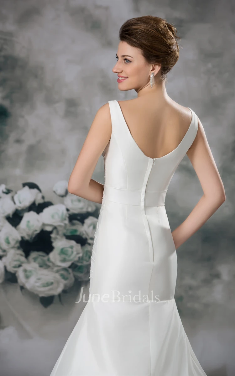 v-neck a-line trumpet sleeveless gown with brush train and beading