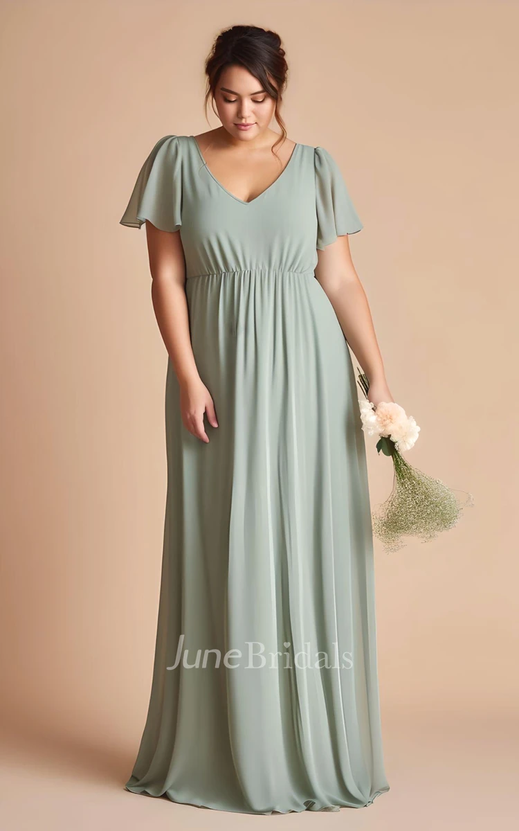 Plus Size Sheath Chiffon Short Sleeve Bridesmaid Dress Simple Casual Modest Elegant V-neck Floor-length