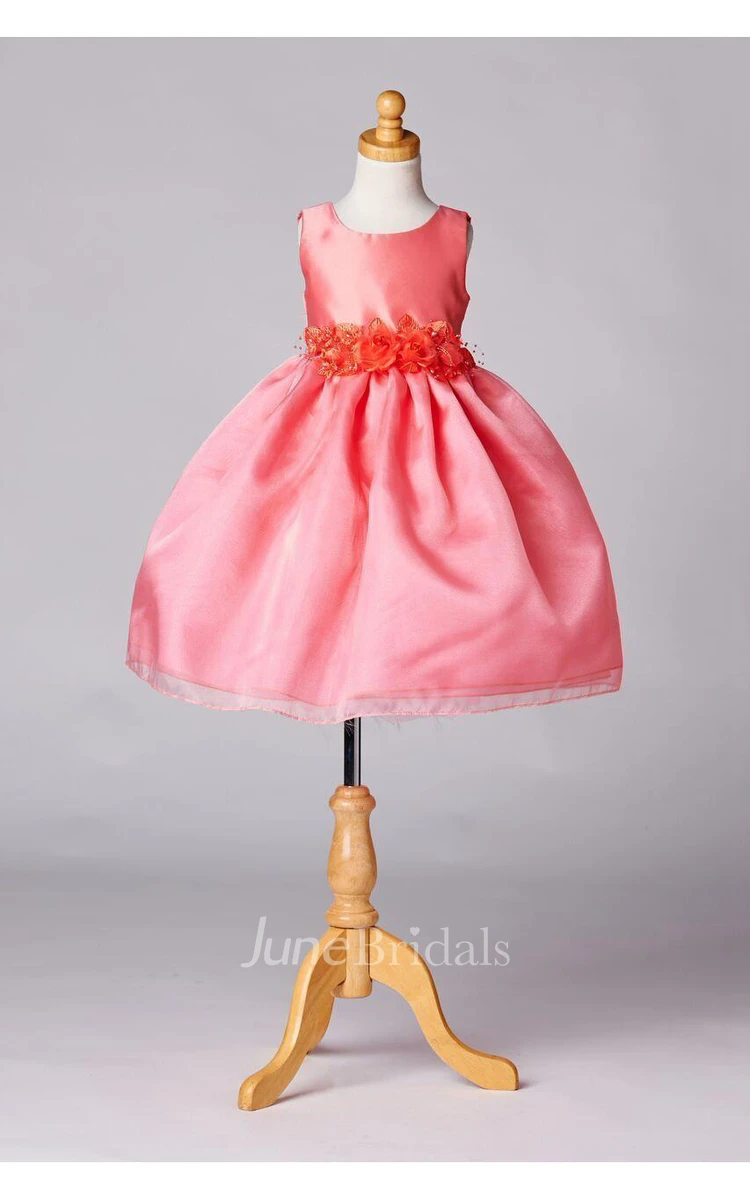 Sleeveless Jewel Neck Pleated Organza Layered Skirt With Satin Sash and Bow