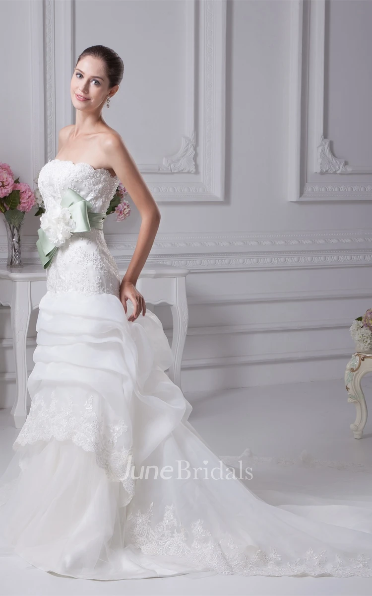 Strapless Appliqued A-Line Gown with Beading and Floral Bow