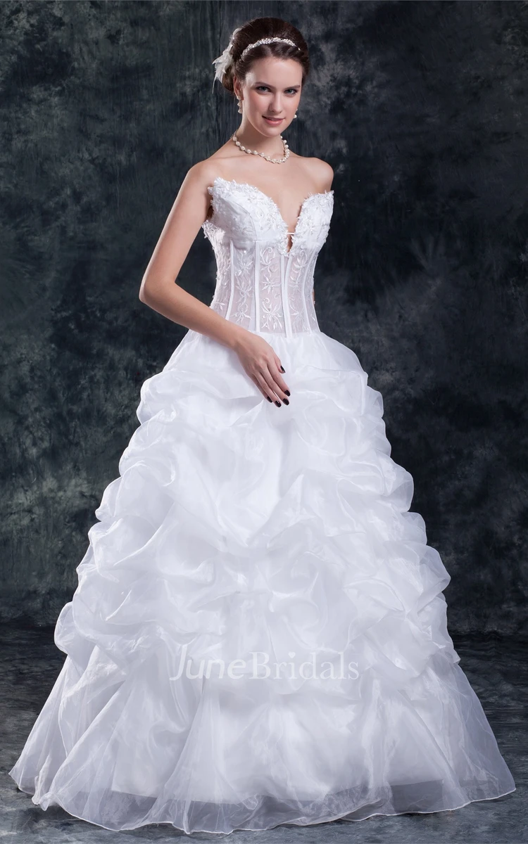 plunged ruffled ball strapless gown with embroideries