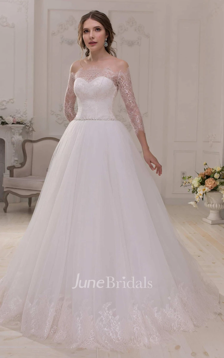 Off-The-Shoulder Lace Illusion Long Sleeve A-Line Tulle Wedding Dress With Beaded Waist