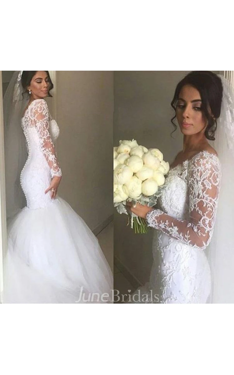Fantastic Long Sleeve V-neck Lace Trumpet Gown With Pleats