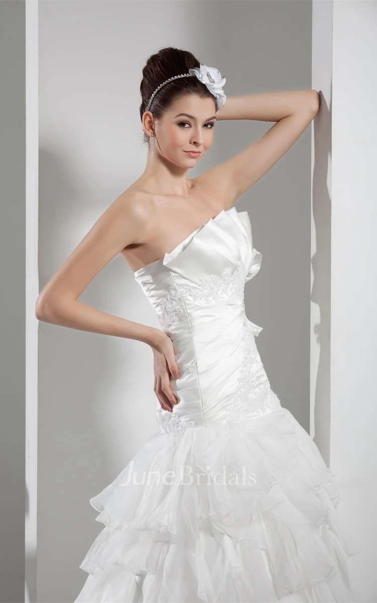 Strapless Tiered A-Line Ball Gown with Bow and Appliques