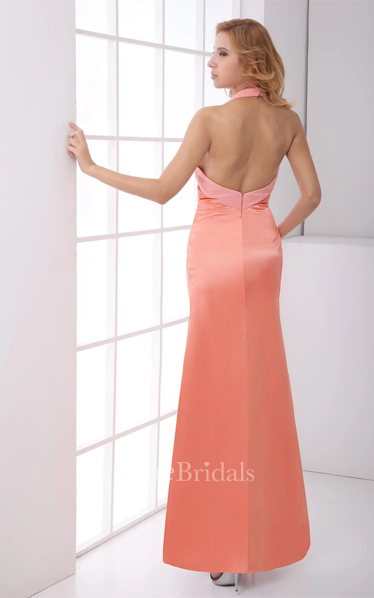plunged front-split satin dress with backless design and beading