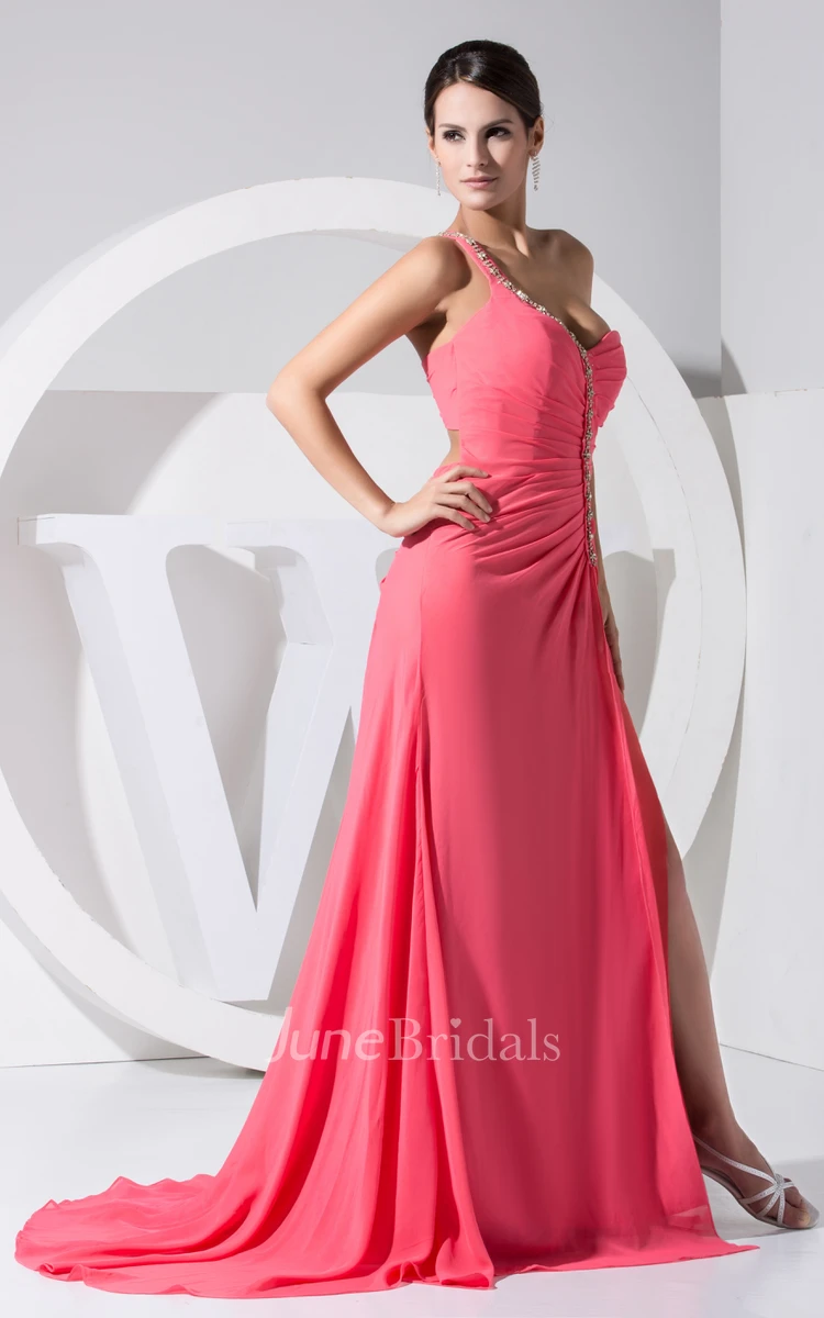 Sleeveless Chiffon Front-Split Dress With Single Beaded Strap