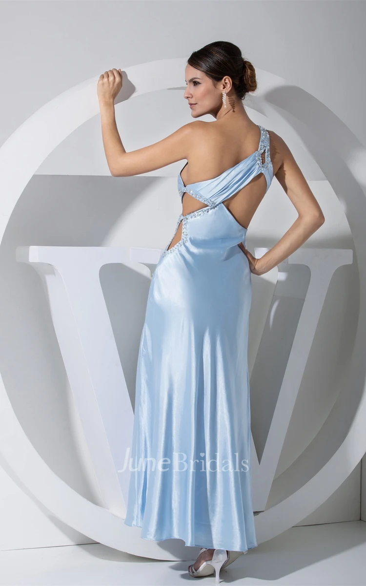 Front-Split Asymmetrical One-Shoulder Ankle-Length Gown with Side Keyhole and Beadings