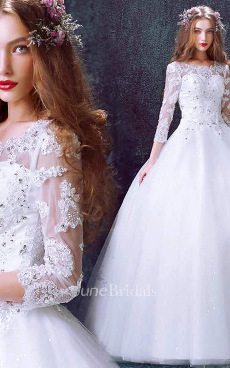 Romantic Tulle Lace Beadings Wedding Dress 3 4-Long Sleeve Princess