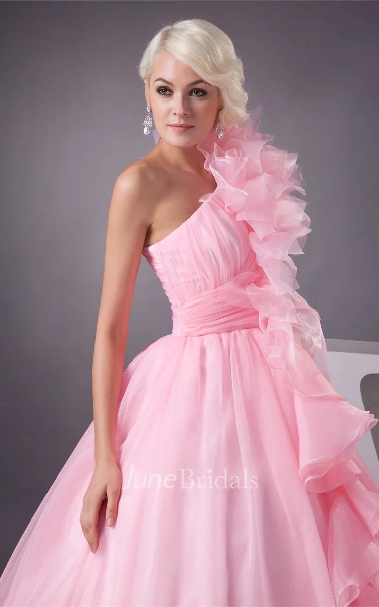 One-Shoulder Ruffled A-Line Dress with Tiers and Draping