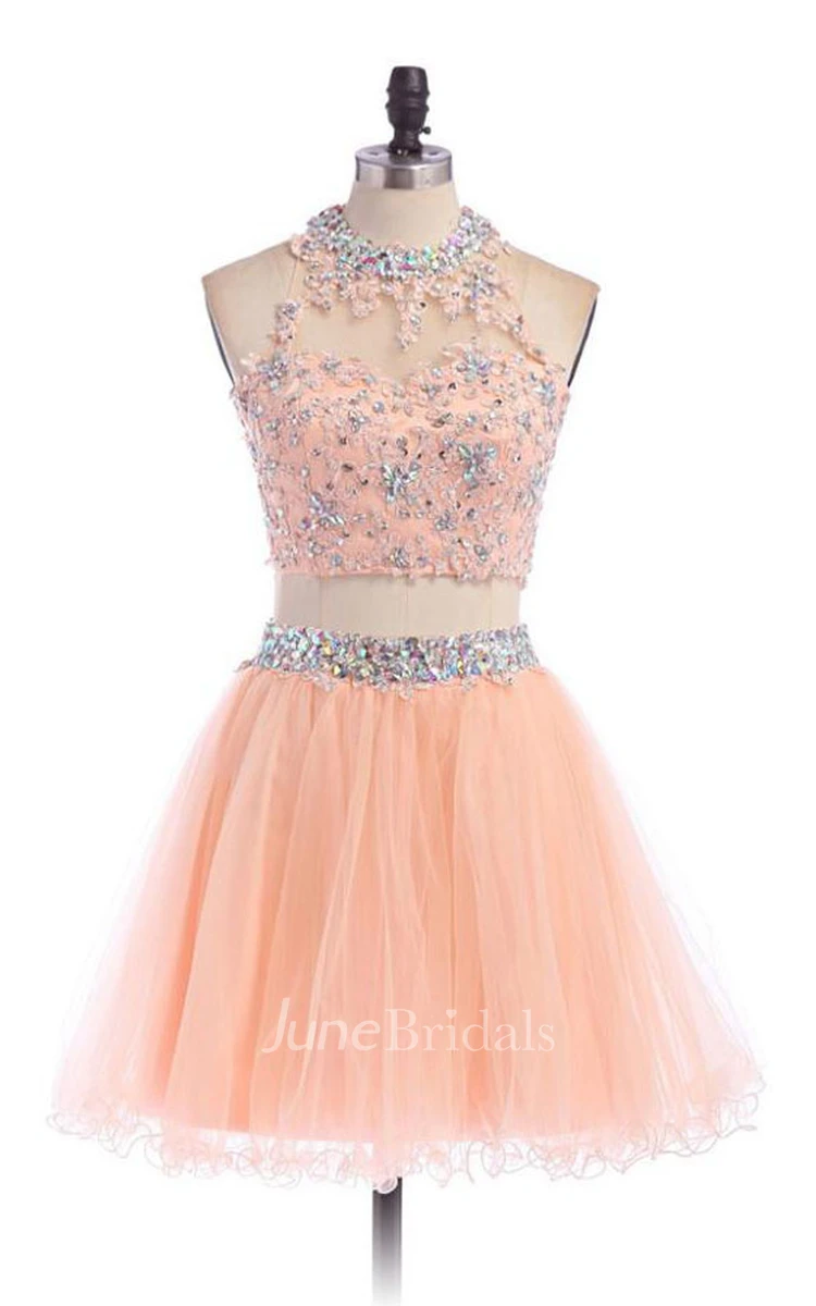 A-line Short High Neck Tulle Dress with Beadings