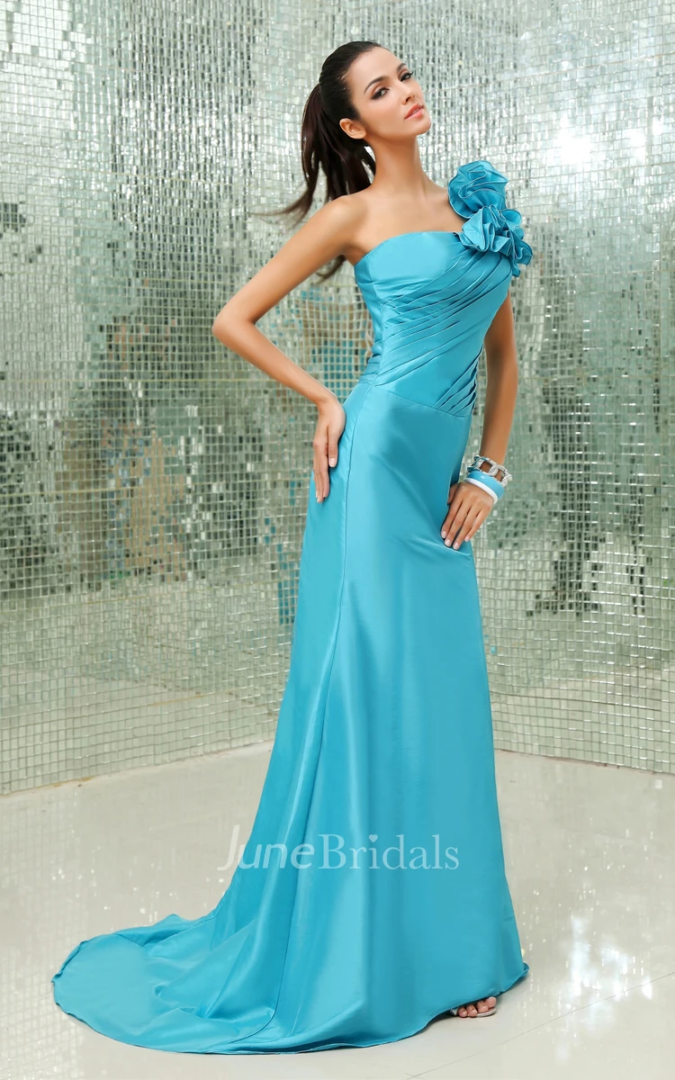 Asymmetrical One-Shoulder Siren Taffeta Gown With Floral Strap