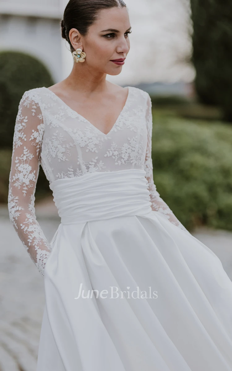 A-Line V-neck Simple Chiffon Beach Wedding Dress With Illusion Back And Chapel Train
